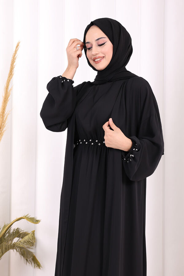 Bel Bilek Kısımları Taşlı Elbiseli Abaya Takım 8490 Siyah - 6