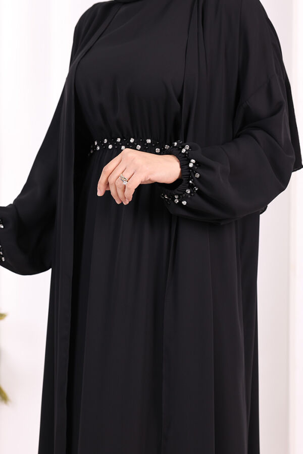Bel Bilek Kısımları Taşlı Elbiseli Abaya Takım 8490 Siyah - 7