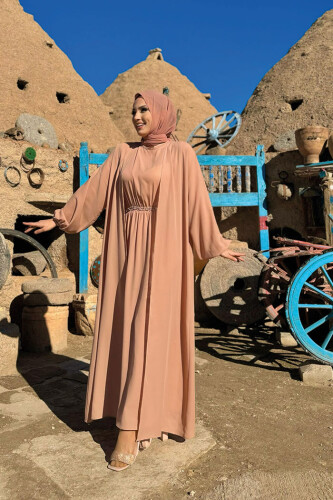 Bel Bilek Kısımları Taşlı Elbiseli Abaya Takım 8490 Somon - Bym Fashion