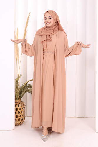 Bel Bilek Kısımları Taşlı Elbiseli Abaya Takım 8490 Somon