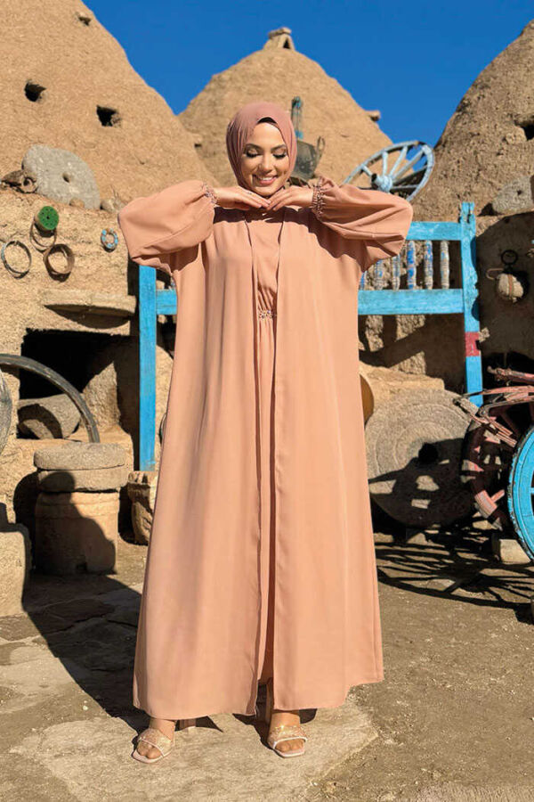 Bel Bilek Kısımları Taşlı Elbiseli Abaya Takım 8490 Somon - 2