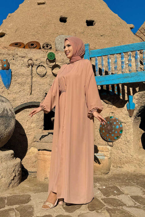 Bel Bilek Kısımları Taşlı Elbiseli Abaya Takım 8490 Somon - 3