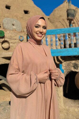Bel Bilek Kısımları Taşlı Elbiseli Abaya Takım 8490 Somon - 4