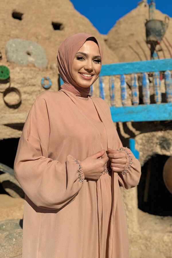 Bel Bilek Kısımları Taşlı Elbiseli Abaya Takım 8490 Somon - 4