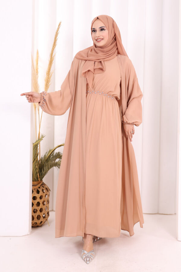 Bel Bilek Kısımları Taşlı Elbiseli Abaya Takım 8490 Somon - 2