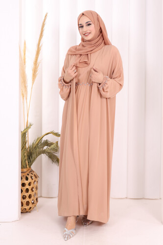 Bel Bilek Kısımları Taşlı Elbiseli Abaya Takım 8490 Somon - 3