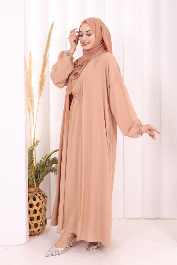 Bel Bilek Kısımları Taşlı Elbiseli Abaya Takım 8490 Somon - 4
