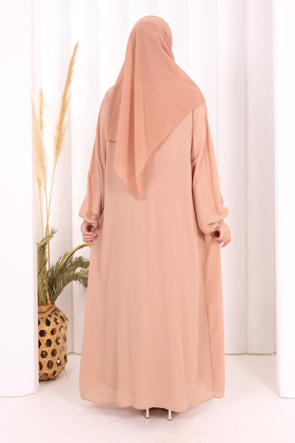 Bel Bilek Kısımları Taşlı Elbiseli Abaya Takım 8490 Somon - 5