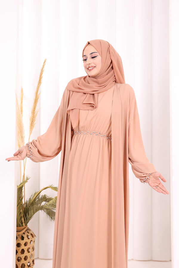 Bel Bilek Kısımları Taşlı Elbiseli Abaya Takım 8490 Somon - 6