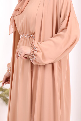 Bel Bilek Kısımları Taşlı Elbiseli Abaya Takım 8490 Somon - 7