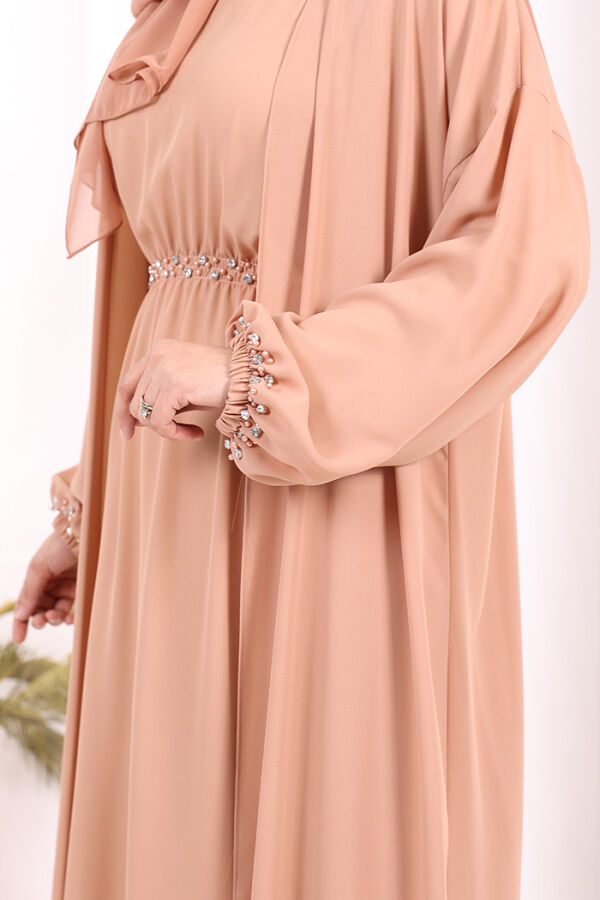Bel Bilek Kısımları Taşlı Elbiseli Abaya Takım 8490 Somon - 7