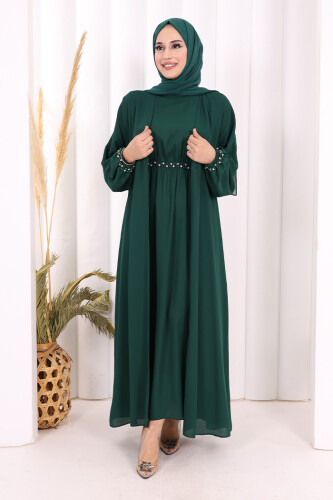Bel Bilek Kısımları Taşlı Elbiseli Abaya Takım 8490 Zümrüt