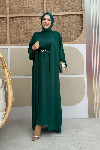 Bel Bilek Kısımları Taşlı Elbiseli Abaya Takım 8490 Zümrüt 