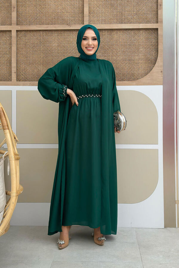 Bel Bilek Kısımları Taşlı Elbiseli Abaya Takım 8490 Zümrüt - 2