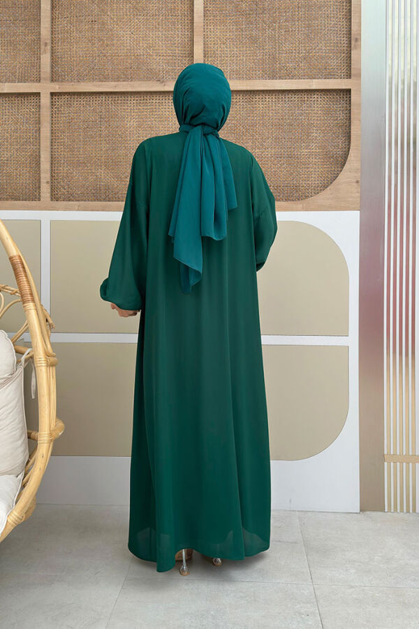Bel Bilek Kısımları Taşlı Elbiseli Abaya Takım 8490 Zümrüt - 3