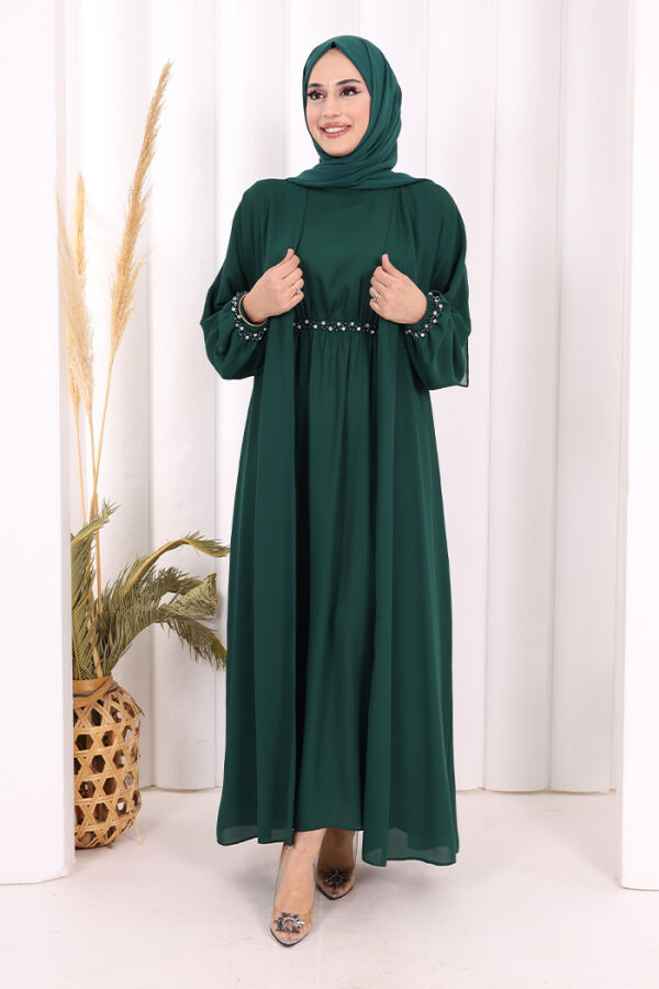 Bel Bilek Kısımları Taşlı Elbiseli Abaya Takım 8490 Zümrüt - 1