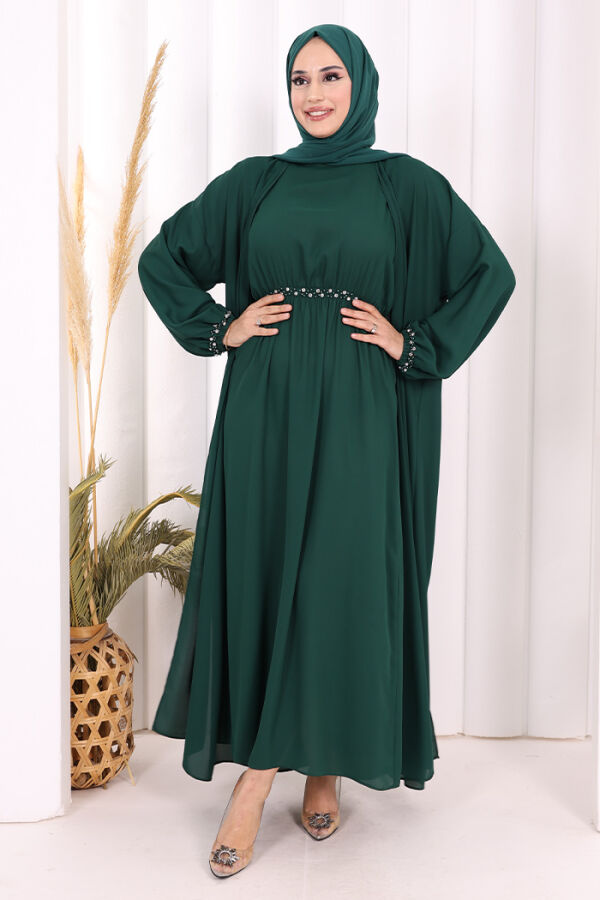 Bel Bilek Kısımları Taşlı Elbiseli Abaya Takım 8490 Zümrüt - 2