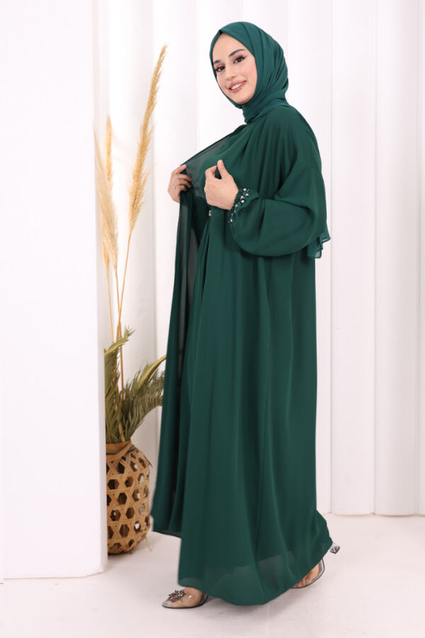 Bel Bilek Kısımları Taşlı Elbiseli Abaya Takım 8490 Zümrüt - 3