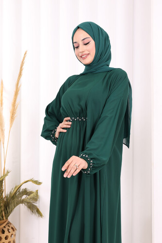 Bel Bilek Kısımları Taşlı Elbiseli Abaya Takım 8490 Zümrüt - 5