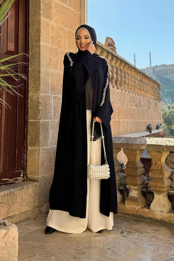 İnci İşleme Detaylı Abaya Takım 8492 Siyah - 2