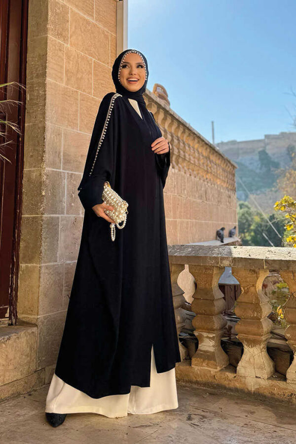 İnci İşleme Detaylı Abaya Takım 8492 Siyah - 3