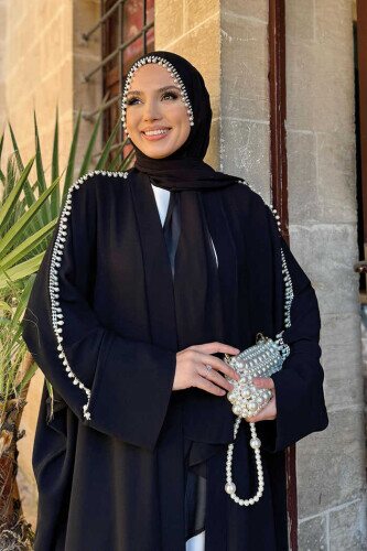 İnci İşleme Detaylı Abaya Takım 8492 Siyah - 4