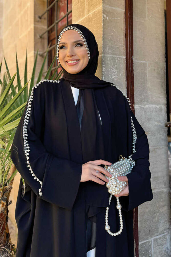 İnci İşleme Detaylı Abaya Takım 8492 Siyah - 4