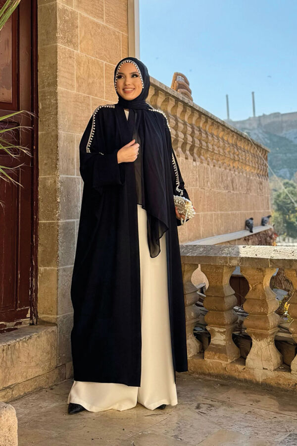 İnci İşleme Detaylı Abaya Takım 8492 Siyah - 2