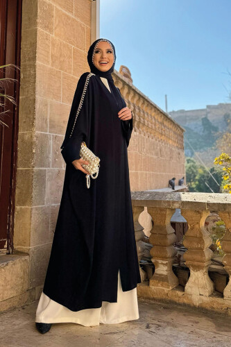 İnci İşleme Detaylı Abaya Takım 8492 Siyah - 6