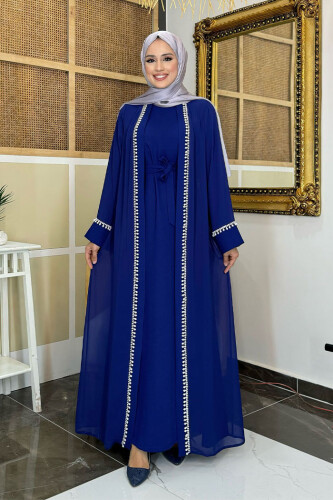 İnci Detaylı Abaya Elbise Takım 8493 Lacivert - 1