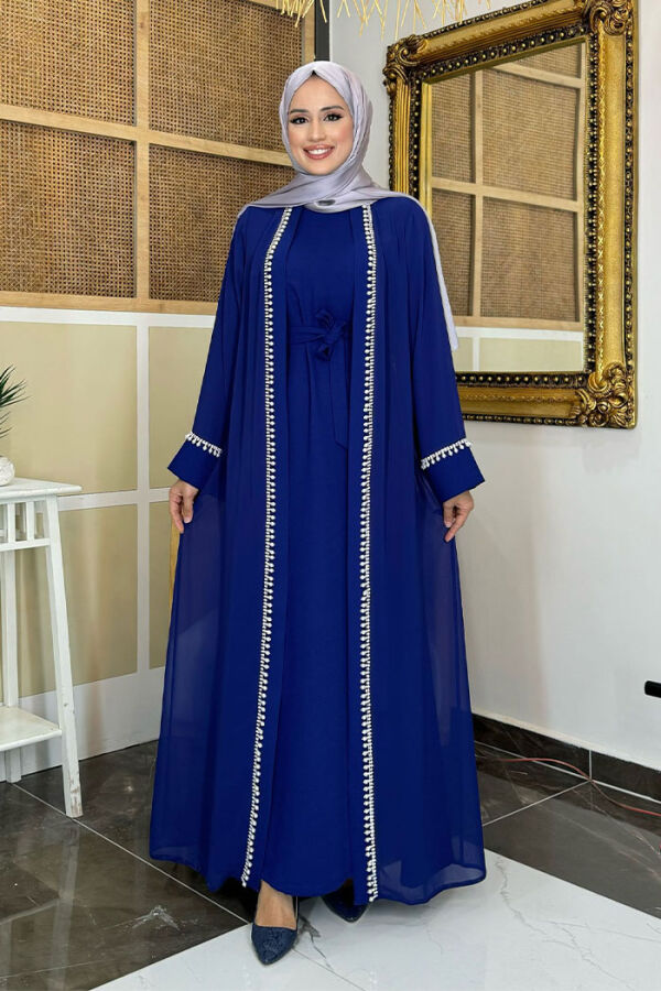 İnci Detaylı Abaya Elbise Takım 8493 Lacivert - 1