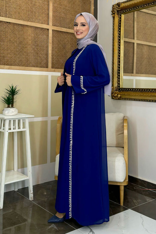 İnci Detaylı Abaya Elbise Takım 8493 Lacivert - 3