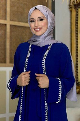 İnci Detaylı Abaya Elbise Takım 8493 Lacivert - 4