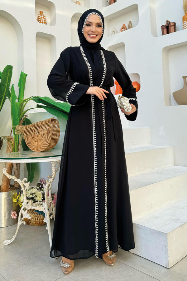 İnci Detaylı Abaya Elbise Takım 8493 Siyah - 5