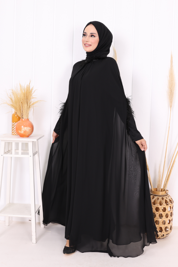 Püsküllü Yakası Taş Detaylı Abayalı Elbise Takım 8494 Siyah - 2