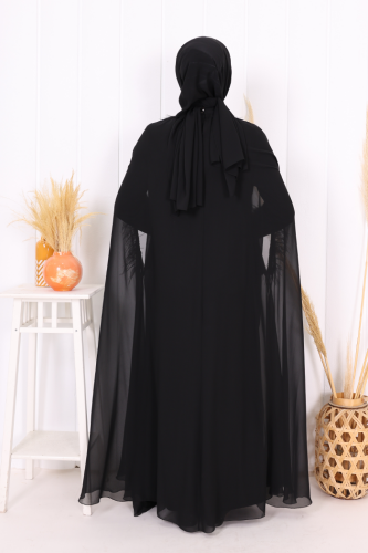 Püsküllü Yakası Taş Detaylı Abayalı Elbise Takım 8494 Siyah - 4