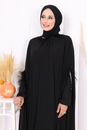 Püsküllü Yakası Taş Detaylı Abayalı Elbise Takım 8494 Siyah - 5