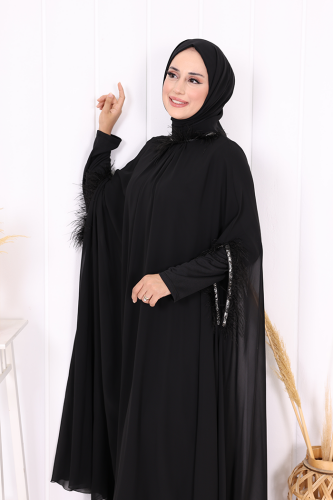 Püsküllü Yakası Taş Detaylı Abayalı Elbise Takım 8494 Siyah - 6