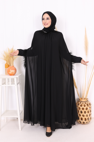 Püsküllü Yakası Taş Detaylı Abayalı Elbise Takım 8494 Siyah - 3