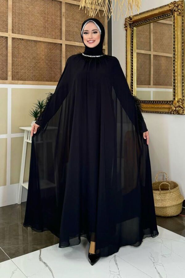 Püsküllü Yakası Taş Detaylı Abayalı Elbise Takım 8494 Siyah - 7