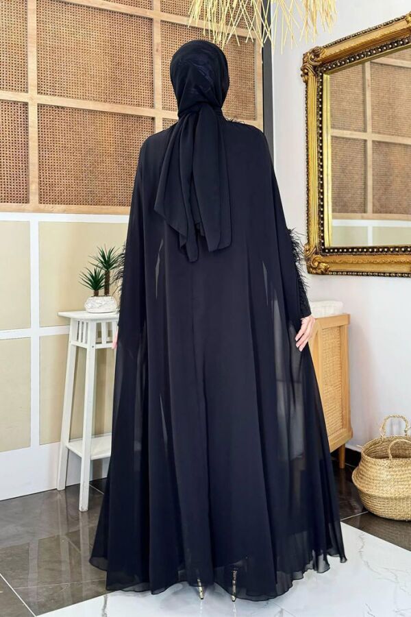 Püsküllü Yakası Taş Detaylı Abayalı Elbise Takım 8494 Siyah - 8