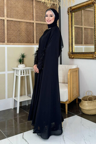 Püsküllü Yakası Taş Detaylı Abayalı Elbise Takım 8494 Siyah - 9