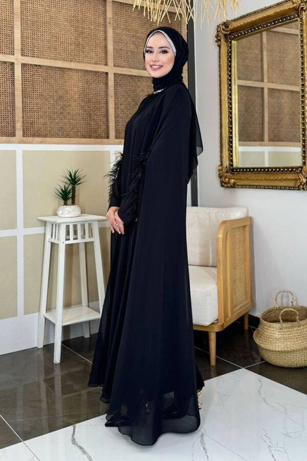 Püsküllü Yakası Taş Detaylı Abayalı Elbise Takım 8494 Siyah - 9