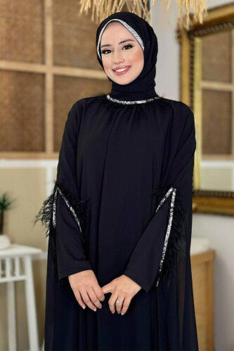 Püsküllü Yakası Taş Detaylı Abayalı Elbise Takım 8494 Siyah - 10