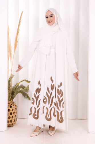 Etek Kısmı Desenli Elbiseli Abaya Takım 8495 Ekru 