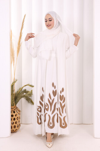 Etek Kısmı Desenli Elbiseli Abaya Takım 8495 Ekru - 2