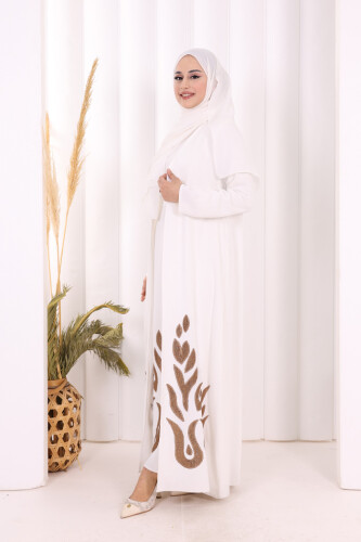 Etek Kısmı Desenli Elbiseli Abaya Takım 8495 Ekru - 3