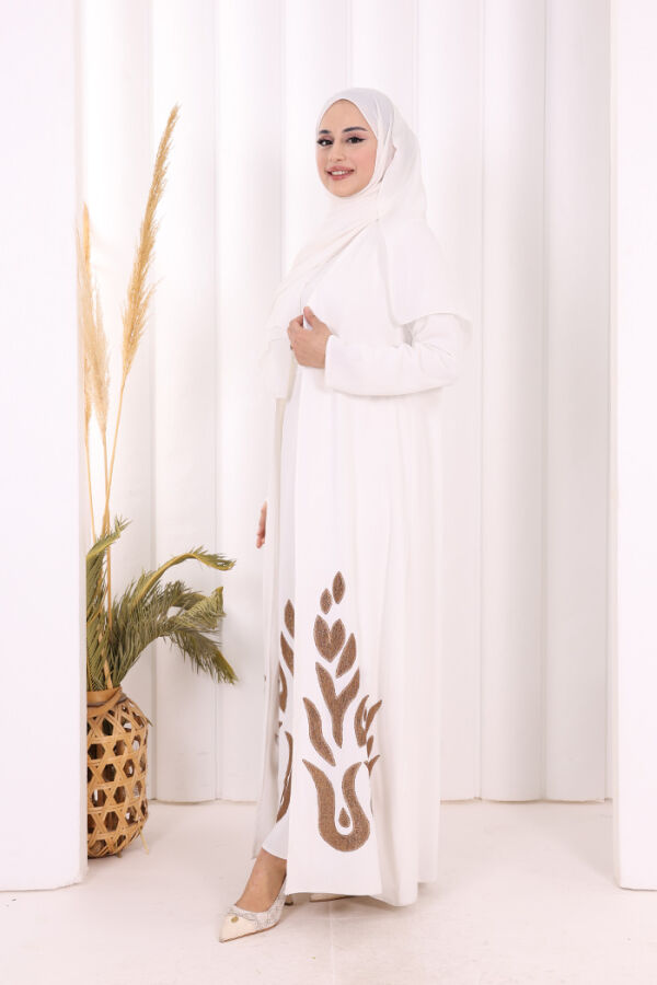 Etek Kısmı Desenli Elbiseli Abaya Takım 8495 Ekru - 3