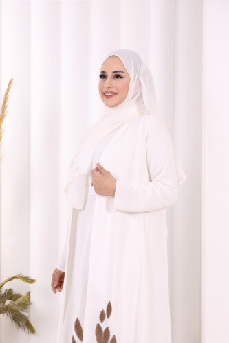 Etek Kısmı Desenli Elbiseli Abaya Takım 8495 Ekru - 5
