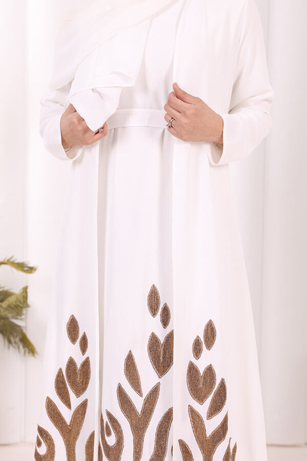 Etek Kısmı Desenli Elbiseli Abaya Takım 8495 Ekru - 6